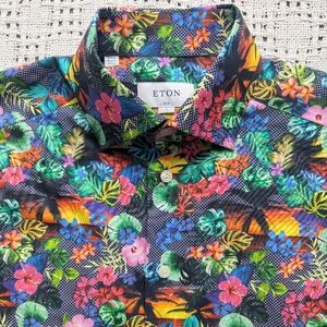 ETON Mens Button Up Shirt Sz 15 38 (S) Floral Slim Fit Tropical Poplin Hawaiian